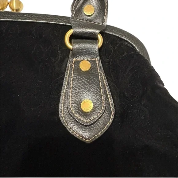 Franco Sarto Black Crushed Velvet Like Handbag Whimsy-Goth Vintage Kiss Lock - Picture 7 of 16